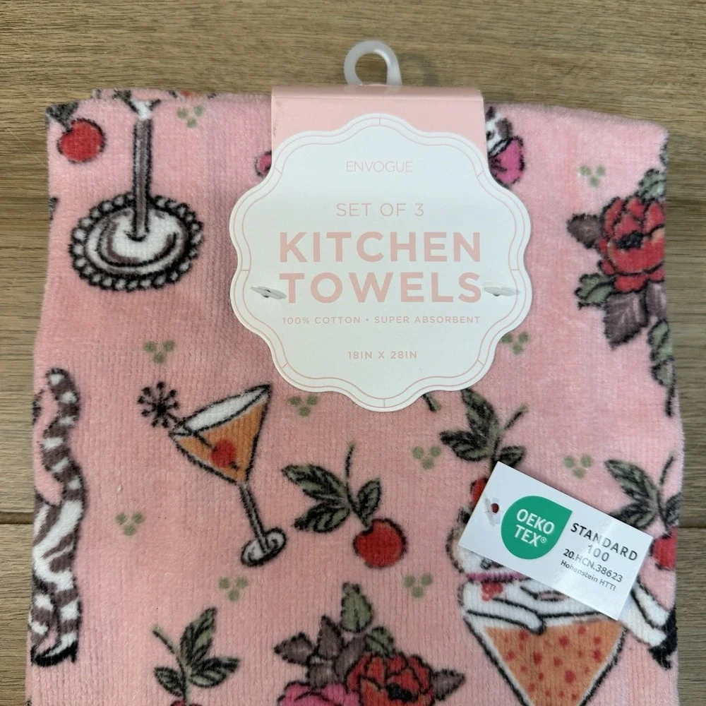 NWT Envogue 3 Pack Kitchen Towels Pink Cats Martini Glasses Floral Whimsical